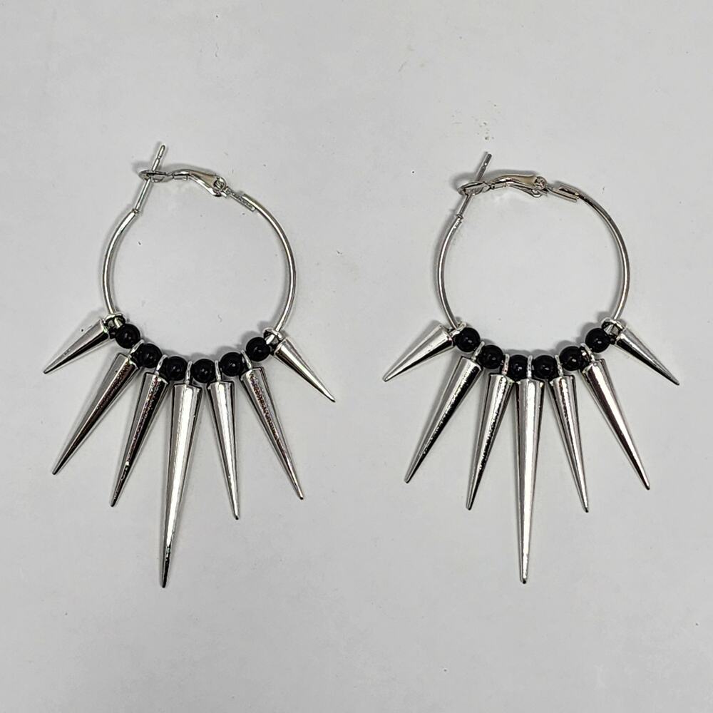 Silver and Black Spike Hoop Earrings